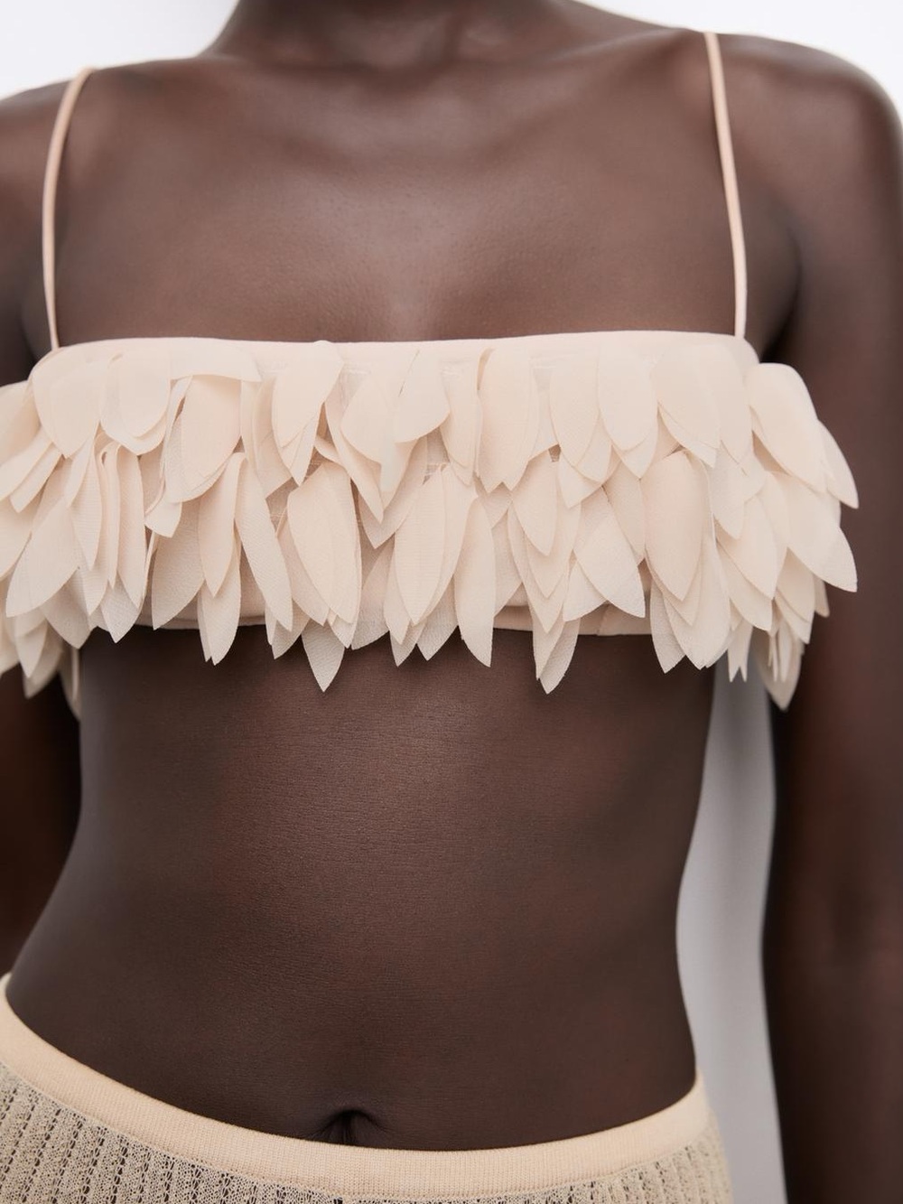 Zara Feather-Trim Beige Bandeau Top